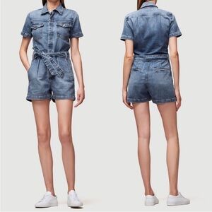 FRAME x Goop Denim Coverall Shorts Romper Pleated Front Button Large Jean Blue‎